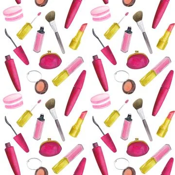 Seamless pattern mascara blush brush, lipstick, lip gloss, cosmetic bag イラスト素材
