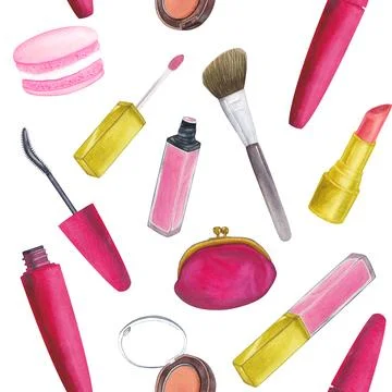 Seamless pattern mascara, blush, brush, lipstick, lip gloss, cosmetic bag Stock Illustration