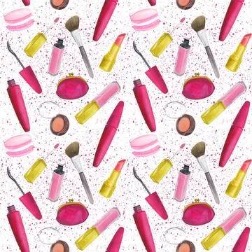 Seamless pattern mascara, blush, brush, lipstick, lip gloss, cosmetic bag イラスト素材