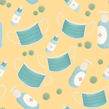 Seamless pattern with masks, sanitizer and virus Stock Illustration