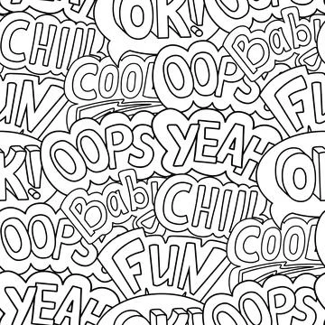 Seamless pattern, mass of words, retro cool comic style. Black and white hand 스톡 일러스트