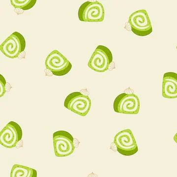 Seamless pattern matcha green tea swiss roll cake dessert slice Stock Illustration