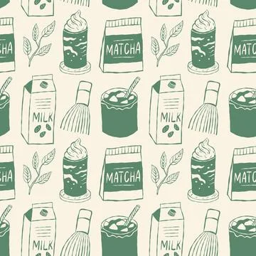 Seamless pattern with matcha, milk, and whisk elements Stock Illustration
