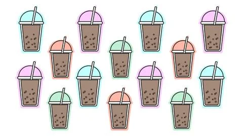 Seamless pattern of matcha milk bubble tea with straw in plastic glass Stock Illustration