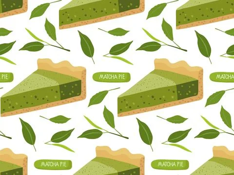 Seamless pattern with Matcha pie. Piece of matcha Japanese cheesecake, tea Illustrazione stock