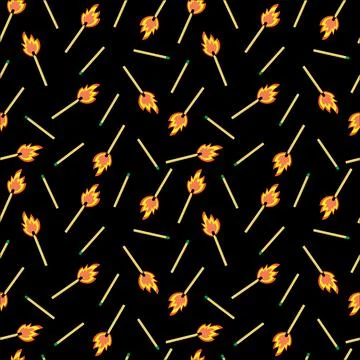 Seamless pattern from matches with flames on a black background. Stock Illustration