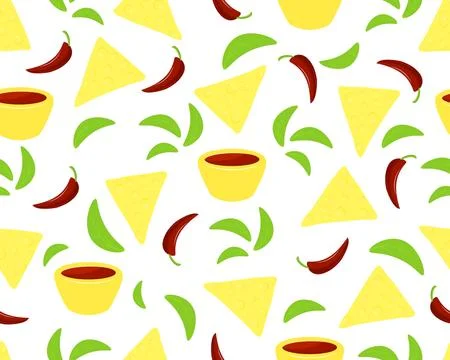 Seamless pattern of maxican food. Yellow nachos of corn, pepper, sauce,basil. 스톡 일러스트