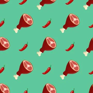 Seamless pattern with meat and chilli papper. Texture for fabric or wallpaper. Stock Illustration