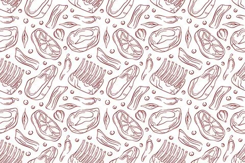 Seamless pattern with meat cut, bacon, ribs, steak, chili pepper garlic, onion Stock Illustration