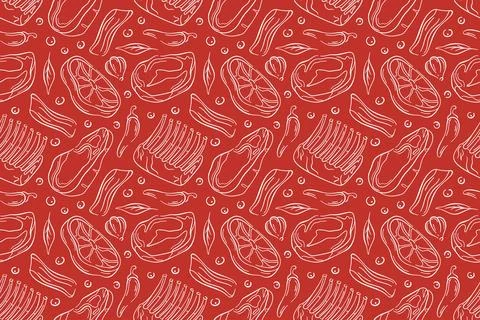 Seamless pattern with meat cut, bacon, ribs, steak, chili pepper garlic, onion Stock Illustration