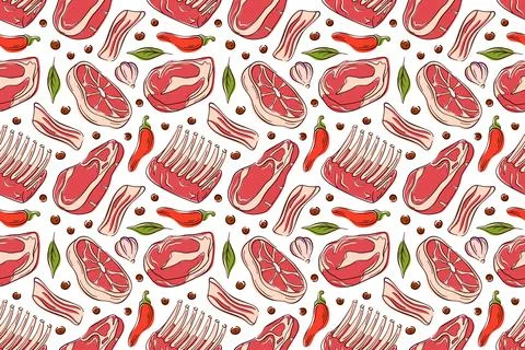 Seamless pattern with meat cut, bacon, ribs, steak, chili pepper garlic, onion Stock Illustration