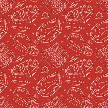 Seamless pattern of meat cuts in line art style on red background with steak Stock Illustration