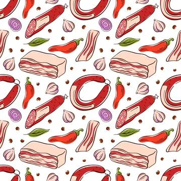 Seamless pattern of meat product sausage, bacon and salami in flat style. Ideal Stock Illustration
