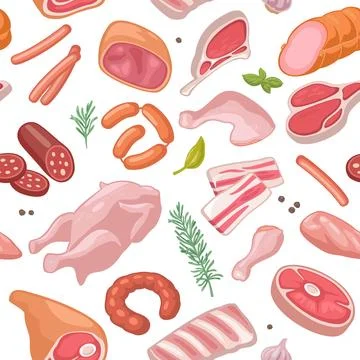 Seamless pattern meat products icon. Bacon slice, sausage, ribs, steak, par.. 스톡 일러스트