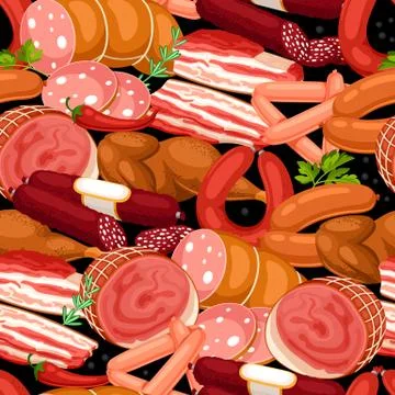 Seamless pattern with meat products. Illustration of sausages, bacon and ham Illustrazione stock