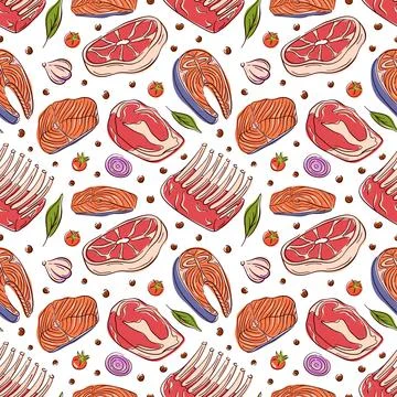 Seamless pattern with meat steak and fish cut, herbs, and vegetable in flat Stock Illustration