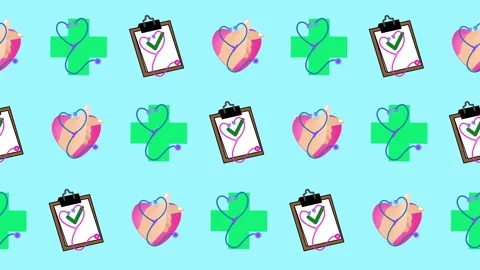 Seamless pattern of medical cross check, stethoscope heart, and health checkup Stock Footage 319417432