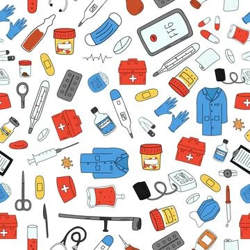 Seamless pattern with medical elements a medical gown, a jar of tests, a medical Stock Illustration