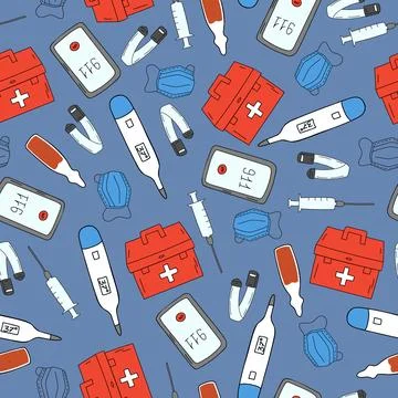 A seamless pattern with medical elements such as a thermometer, a medical Stock Illustration