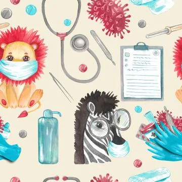 Seamless pattern medical elements virus masked animals kids cartoon Hand painted Stock Illustration