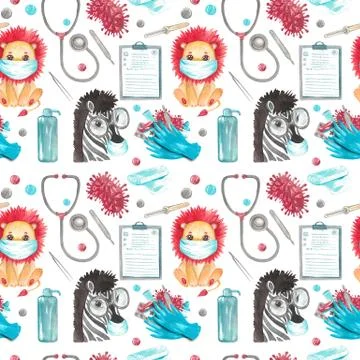 Seamless pattern medical elements virus masked animals kids cartoon Hand painted Stock Illustration
