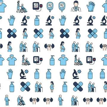 Seamless pattern of medical icons including doctor, nurse, patient in wheel.. Illustrazione stock