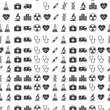 Seamless pattern of medical icons including hospital, ambulance, stethoscop.. Illustrazione stock