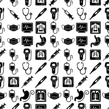 Seamless pattern of medical icons including stethoscope, syringe, thermomet.. Stock Illustration