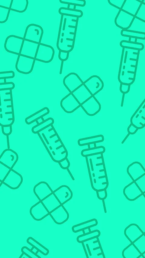 Seamless Pattern of Medical Syringes and Bandages on a Teal Background. Stock Footage 325012012