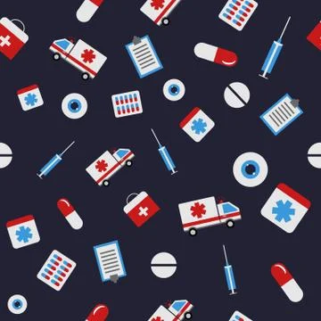 Seamless pattern with medicine items. Ambulance, pill, eye, tablet, syringe.  Stock Illustration