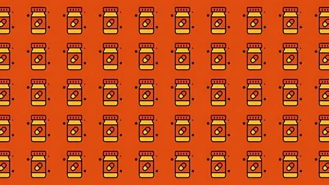 Seamless pattern of medicine pill bottles on orange background for healthca.. Illustrazione stock