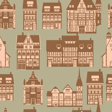 Seamless pattern medieaval old city, flat style. Autumn landscape city 스톡 일러스트