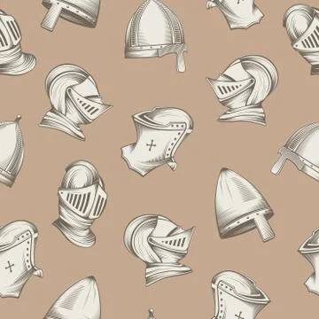 Seamless pattern with medieval helmets, sketch style engraving, vector illust 스톡 일러스트