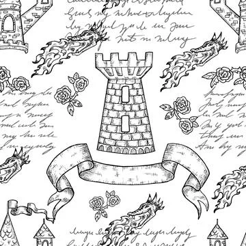Seamless pattern with medieval tower and banner Stock Illustration