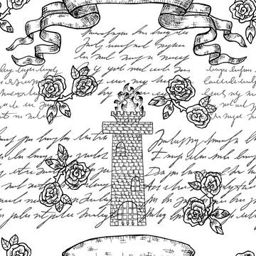 Seamless pattern with medieval tower and banner Stock Illustration
