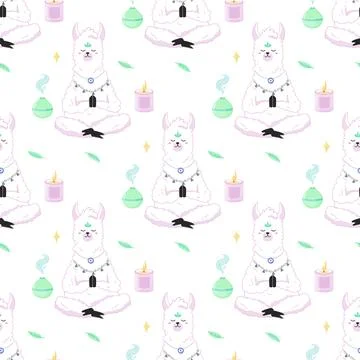 Seamless pattern of meditating llama with mat, aromateriapia. For your fabr.. Stock Illustration