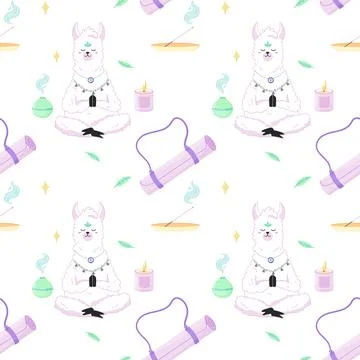 Seamless pattern of meditating llama with mat, aromateriapia. For your fabr.. Stock Illustration