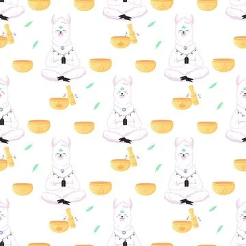 Seamless pattern of meditating llama with mat, aromateriapia. For your fabr.. Stock Illustration