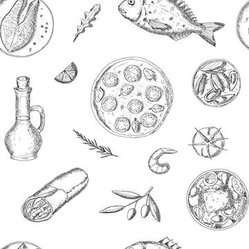 Seamless pattern of mediterranean food. Vector background. Stock Illustration