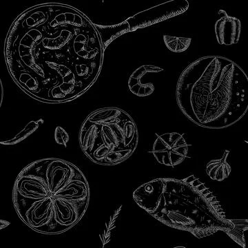 Seamless pattern of mediterranean food. Vector background. Stock Illustration