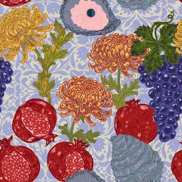 Seamless pattern with Mediterranean motifs: pomegranate, grapes, oyster, and  Stock Illustration