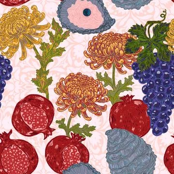 Seamless pattern with Mediterranean motifs: pomegranate, grapes, oyster, and  Stock Illustration