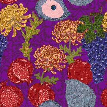 Seamless pattern with Mediterranean motifs: pomegranate, grapes, oyster, and  Stock Illustration