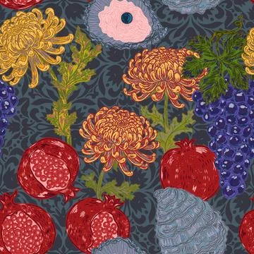 Seamless pattern with Mediterranean motifs: pomegranate, grapes, oyster, and  Stock Illustration