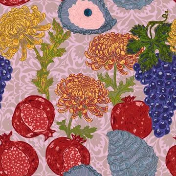 Seamless pattern with Mediterranean motifs: pomegranate, grapes, oyster, and  Stock Illustration