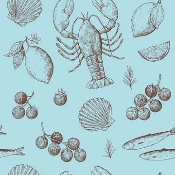 Seamless pattern with Mediterranean seafood in retro sketchy style. Italian.. 库存插图