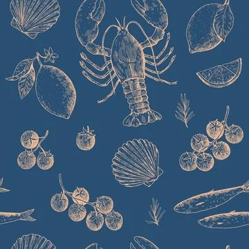 Seamless pattern with Mediterranean seafood in retro sketchy style. Italian.. Illustrazione stock