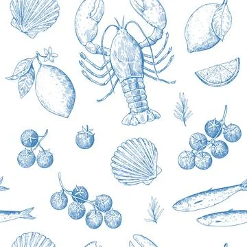 Seamless pattern with Mediterranean seafood in retro sketchy style. Italian.. Illustrazione stock