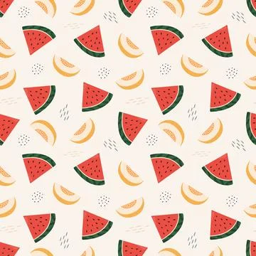 Seamless pattern with melon and watermelon slices on beige background Stock Illustration