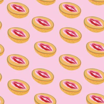 Seamless pattern with melon with outlines female labia. 스톡 일러스트